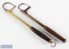 2x Brass and Turned Lignum plus Wooden Handle Fishing Gaffs, both 2 draw with gaff guards - one is