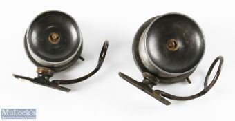 2x Malloch's Patent Sidecaster Reels in alloy with black handles, brass twisting foot and line