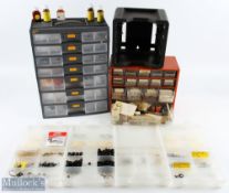 3x shelved boxes with a huge selection of fishing accessories: 4x shelf unit with rod rings, tips