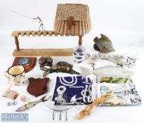 Fishing related Collectables: to include fishing figure, ceramic fish, toad, wooden fish sign,