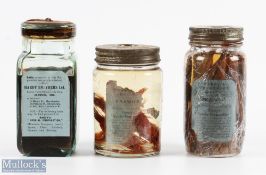 3x Rare Hardy Preserved Baits - sand eels, sprats and shrimps in glass bottles with gilt zinc