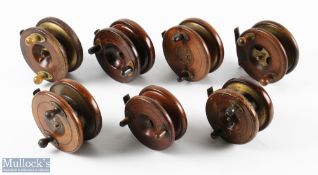 7x Assorted Wooden and Brass Star Back Reels - inc two with Slater style catches, both with brass
