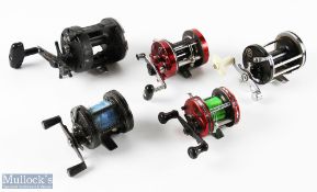 5x Assorted Multiplier Reels inc ABU Garcia Ambassadeur reel in red, model number worn off, Daiwa