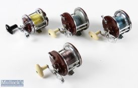 4x Assorted Multiplier Reels inc 3x Japan made reels in burgundy and chrome with cream handles,
