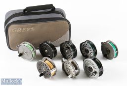 Grey's reel case with a collection of reels, as follows: J W Young Pridex 3 3/8