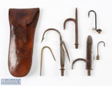 Barbed gaff and knife tool in a leather case stamped Forrest & Sons of Kelso with 5 other smaller