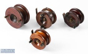4x Brass Backed Wooden Centrepin Reels one having circular back design with stepped engraved