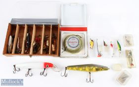 Collection of artificial lures: 2x large pike, sea lures; scratch made box with a selection of
