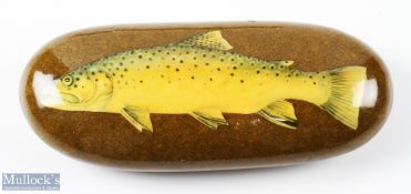House of Hardy Polished Stone Decoupage Paperweight featuring a brown trout design, with original