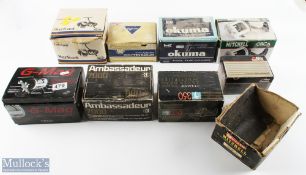 Quantity of Empty Fishing Reel boxes, with noted boxes of okuma CL450L, Abu Garcia Five baitcasting,