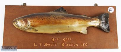 Cast Brown Trout mounted on board a 4lbs 9ozs trout caught by L T Sweet, Blagdon, '59, fish length