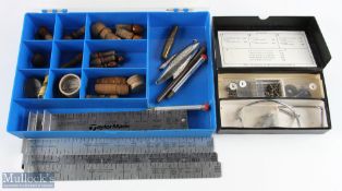 Interesting collection of Fishing Accessories made up of: 3x hinged Efgeeco fishing measure by