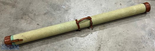 Period Canvas and leather Trim Fishing Travel Rod, with leather strap handles, size 143cm long -