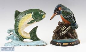2 x Cast Iron Fishing Door Stops/ Wedges, a Kingfisher no fishing door stop plus a jumping fish