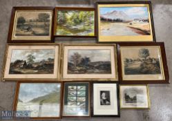 Quantity of Period Fishing Pictures, to include 2 early watercolours, prints by E W Hastlehust, hand