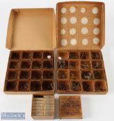 W J Cummins Makers Cardboard Box and flies holding 13 small boxes of named trout dry flies, together