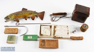 Period Fishing Accessories: Empty boxes of tools, to include Hardy line gaff, a wooden reel of