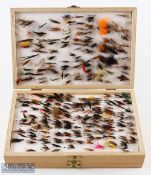 Large double Fly Box with brass catches, containing Sewin (sea trout), singles, doubles, trebles and