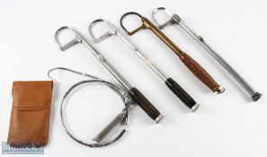 5x Fishing Gaffs 3x alloy 2 draw examples with a similar brass example, with a Schukra gaff in