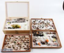 A Triple Fly Box with brass catches containing over 50 trout wet flies and lures; a lady's single