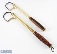 2x Brass and Turned Lignum plus Wooden Handle Fishing Gaffs, both 2 draw with gaff guards, 1 has a