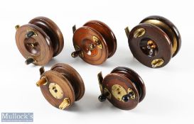 Group of 5 Wooden and Brass Reels - inc 3 Starback examples, 2x 3.5