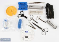 A collection of Fishing Accessories: 1x multi fishing tool; 2x unnamed multi tools; 6x tweezers,