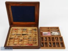 Wooden Case with Vintage Fishing Tackle homemade fitted cork compartments with a quantity of hand