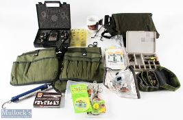 Huge collection of Course Fishing Equipment: Aya Systems bite alarms in case; bag with zingers and