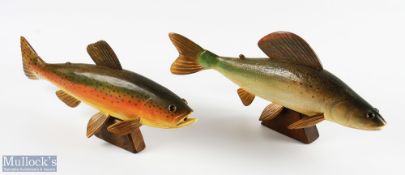 2x Wooden Carved Stylised Fish of a Rainbow Trout and Grayling, on plinth - the Trout has slight