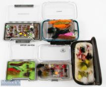 Selection of fly boxes with trout flies, comprising: Calmore double sided box with reservoir