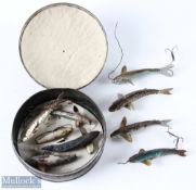 9 Gutta Percha Lure Baits some on original traces, c1890, with a round black Japanned box and