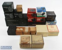 A selection of fly reel empty boxes to include Hardy, Snowbee, Shakespeare, Lineaffe and Leeda