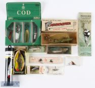 A collection of artificial baits in original packing: Abu lures; Fishmaster USA fishing lure;