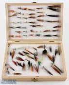 Large double Fly Box with brass catches, containing a large selection of salmon flies, singles,