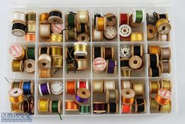 A box with over 88 spools of silk and floss, made up of Pearsalls silk and floss, Naples and