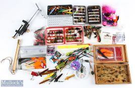 Fly Fishing Tackle and Accessories: to include a fly tying vice, a wooden box of trout Flies, tube