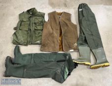 Pair of Snowbee Classic Bootfoot Thigh Waders size 10, light use; Ocean Dunlop Booted Waist Waders