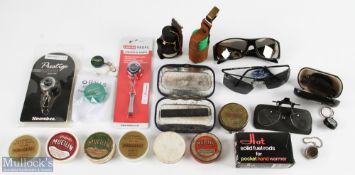 Fishing Accessories: 5x zingers - 2 unused and 1 Hardy; 3x pairs sunglasses; pair of flip down