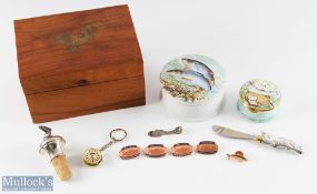 Fishing Collectable, to include a hallmarked silver leaping Salmon, a 925 - silver fish mustard