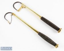 Eaton & Deller, 6-7 Crooked Lane, London, brass 2 draw gaff with point guard and wood turned handle;