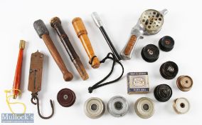 Assorted Fishing Accessories - Rex Dansk Arbejde ice fishing reel, 5x priests, brass scales and a