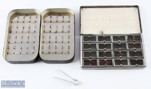 Deep Salmon Japanned Fly Box, 40 clips and a Terrys tweezers, plus an Allcock's style aluminium 16