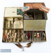 Two Black Japanned Lure Boxes one by C Farlow & Co with lift out drawer, the other unnamed of taller