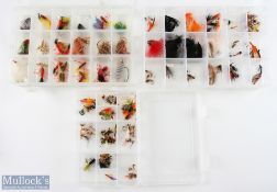 3x plastic compartment containers with a large selection of sea trout flies to include mouse, shrimp
