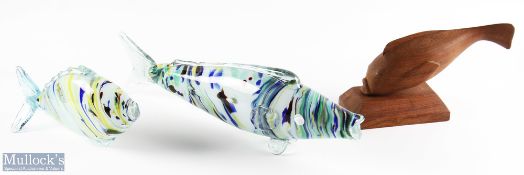 2x Murano Glass Fish plus a Wooden carved fish on stand, the glass fish are 11