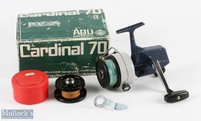 Abu Cardinal 70 fixed spool reel LHW, brass mounted tensioner, push button spool release, good bail,