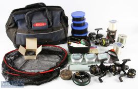 A Rubbermaid zip top bag with a selection of fishing tackle to include: Abu Delta 3 fixed spool reel