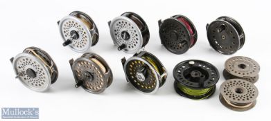 Collection of 5x Leeda fly reels with 5 graveyard reels and spools for spares