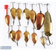 A collection of Hardy brass and copper finish Spoons, all with hooks and swivels (13)